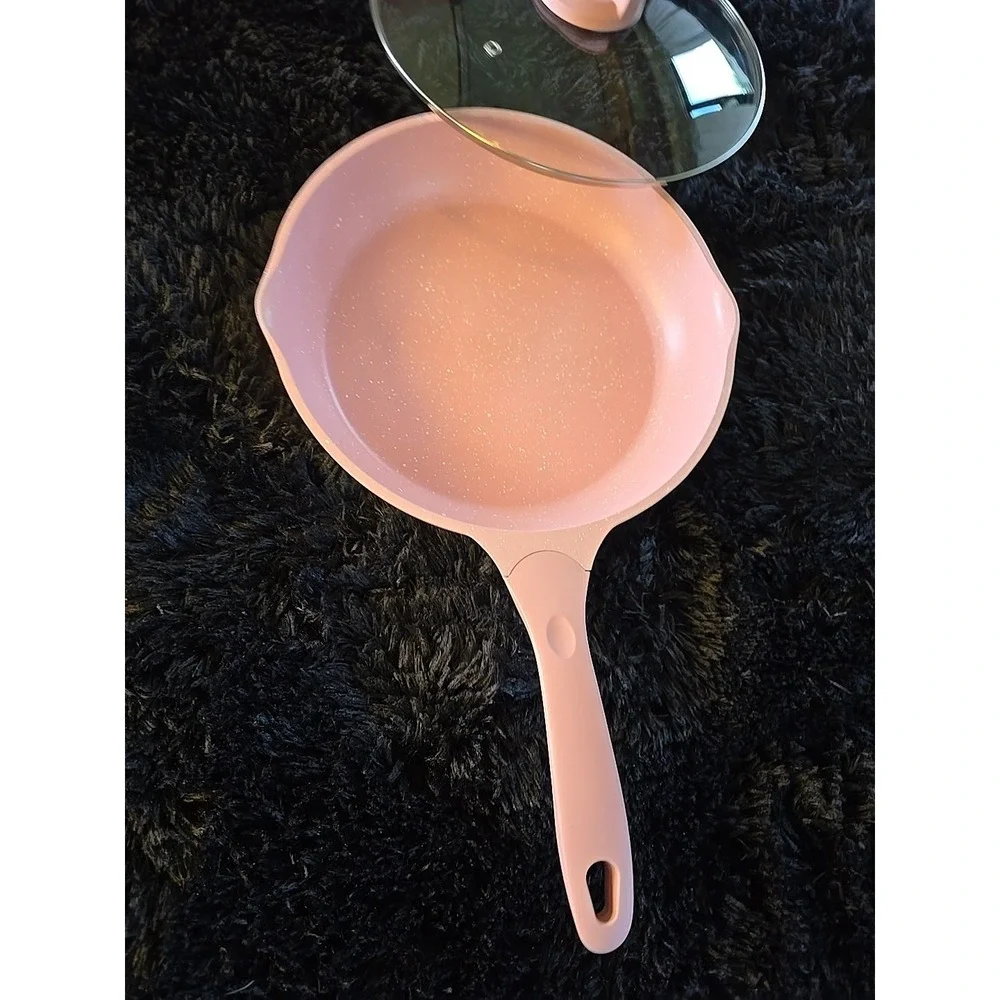 JEETEE 11 Inch Nonstick Frying Pan,‎ Stone Marble Coating With Lid Pink